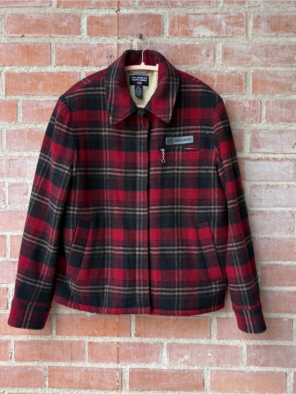 Polo Jeans Co Ralph Lauren Red Plaid Wool Sherpa Lined Jacket Men's M Vintage
